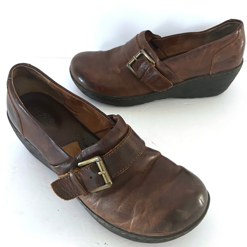 BOC Born Concept Rijeka‎ Clogs Women 8.5 Brown Leather Buckle Wedge Slip On Shoe